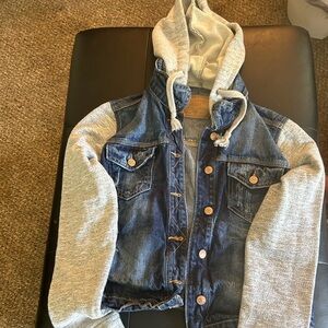 Size large Jean jacket with sweatshirt material for sleeves & hood.